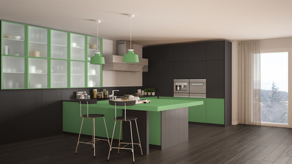 Classic minimal gray and green kitchen with parquet floor, modern interior design