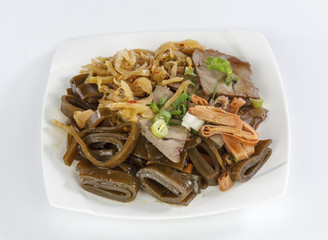 kelp and dried bean curd isolated on white background