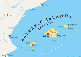 Balearic Islands political map with capital Palma. Archipelago of Spain in Mediterranean Sea near Iberian Peninsula coast. Majorca, Minorca, Ibiza, Formentera. lllustration. English labeling. Vector © Peter Hermes Furian