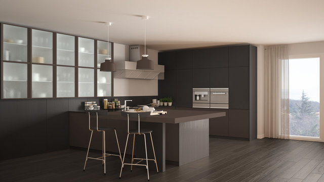 Classic minimal gray and brown kitchen with parquet floor, modern interior design