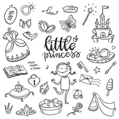 Little princess funny graphic set. Girls dress, butterfly, mirror, sweets, gifts, diamond ring, dragon, hearts and stars. Isolated elements on a white background