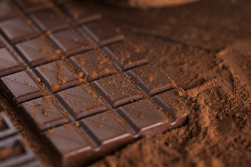 Chocolate bar, candy sweet, dessert food on wooden background