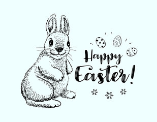 Happy Easter vintage doodle greeting card with Easter bunny. Vector illustration, isolated on blue background.