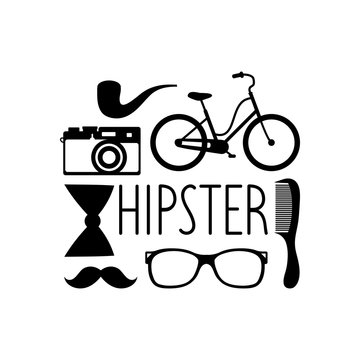 Vector set of hipster elements in flat style. Vintage collection with camera, comb, bow etc. and text Hipster.