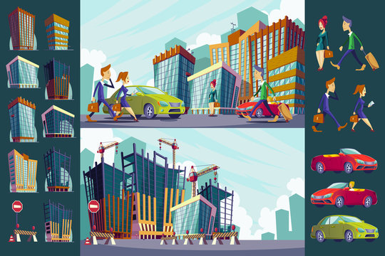 Set vector cartoon illustration of an urban large modern buildings, cars and urban residents.