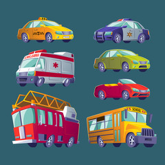 Cartoon set of isolated icons of urban transport. Fire truck, ambulance, police car, school bus, taxi, private cars.