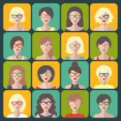 Big vector set of different women app icons in glasses in flat style.