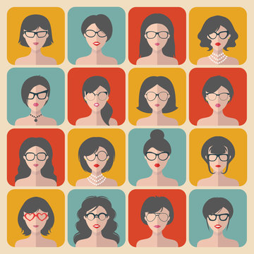 Big vector set of different women app icons in glasses in flat style.