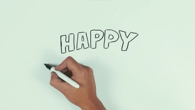 Man caucasian right hand speed write happy new year 2017 and draw present box using black marker pen on whiteboard and wipe it with cloth. POV, point of view
