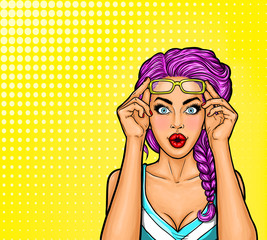 Vector pop art illustration of a young sexy girl does not believe her eyes when she saw the prices, discounts. - obrazy, fototapety, plakaty