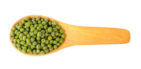 green bean in wood spoon on white background