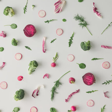 Colorful Vegetable Pattern Made Of Broccoli, Beetroot And Radish.  Flat Lay.