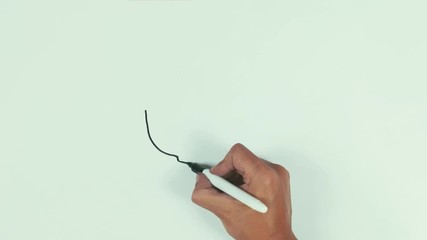 Man caucasian right hand speed draw steaming tea cup on saucer using black marker pen on whiteboard and wipe it with cloth. POV, point of view