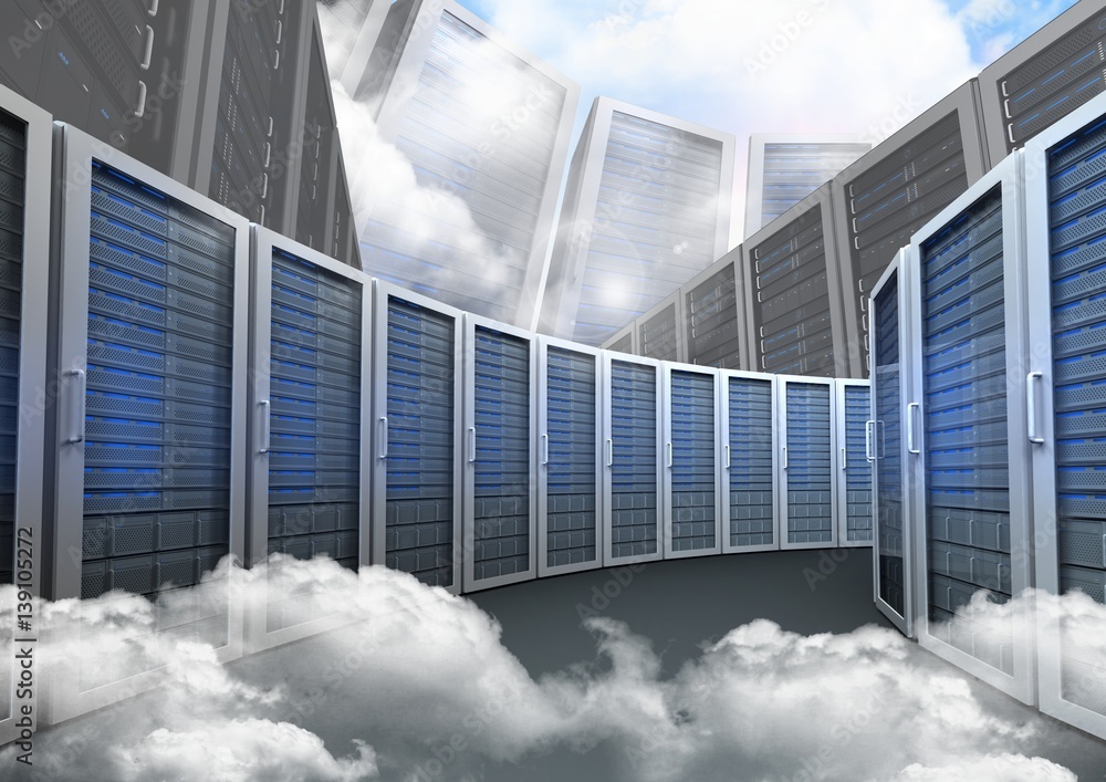 Poster database server systems against sky in background
