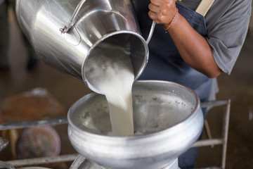 Worker pouring milk into a container for transform. - obrazy, fototapety, plakaty