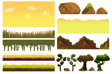 Game cartoon elements set with pieces of fantasy landscapes trees, stones. Realistic Vector collection For Video Game