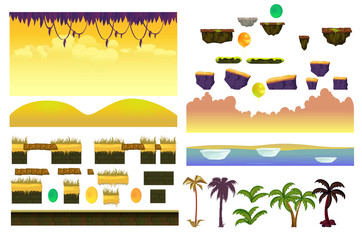 Tropical Forest Landscape Elements Realistic Vector collection For Video Game On White Background
