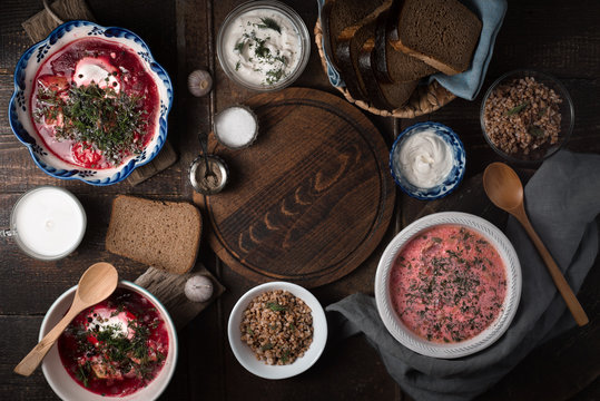 Dishes of traditional Russian cuisine on the wooden table horizontal