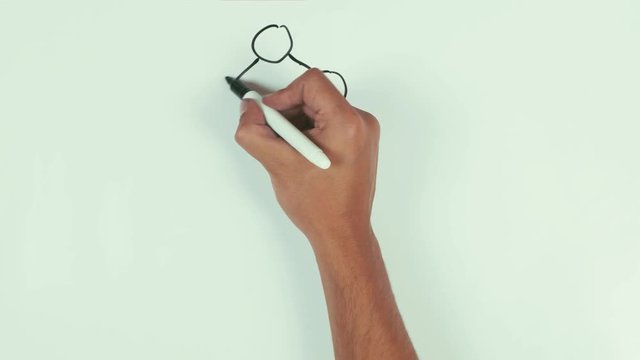 Man caucasian right hand speed draw branching diagram binar mlm with black marker pen on whiteboard. POV, point of view