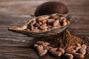 Aromatic cocoa, powder and food dessert background