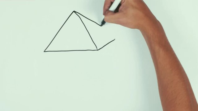 Man caucasian right hand speed draw dimensional pyramid with letters mlm corp logo using black marker pen on whiteboard and wipe it with cloth. POV, point of view