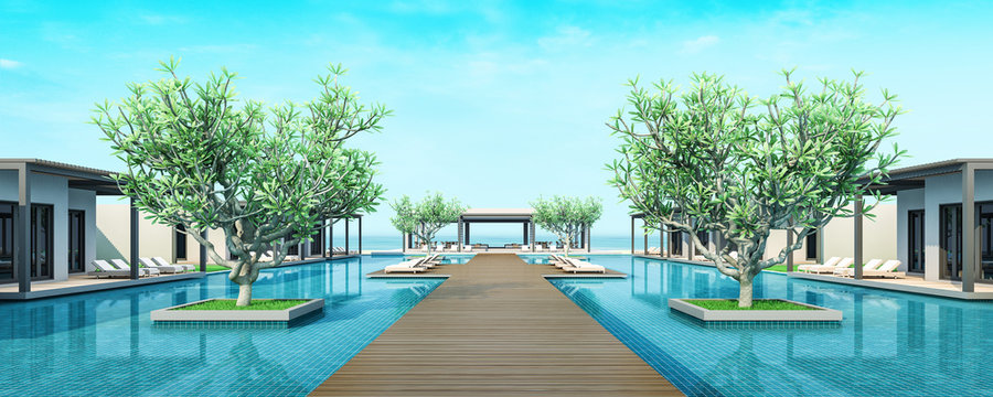 3d rendering Beach Villa Lobby and Living area sea view