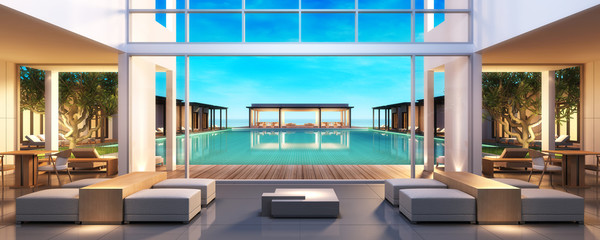 3d rendering Beach Villa Lobby and Living area sea view