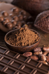 Chocolate sweet, cocoa pod and food dessert background
