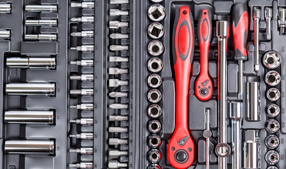 Fototapeta premium Set of hand tools. Many wrench and tools close-up in box for to repair the car or replace automotive spare parts, auto parts.