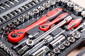 Set of hand tools. Many wrench and tools close-up in box for to repair the car or replace...