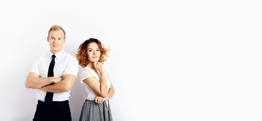 A couple of people man and woman on white background isolated. Smiling teachers or office workers, modern people