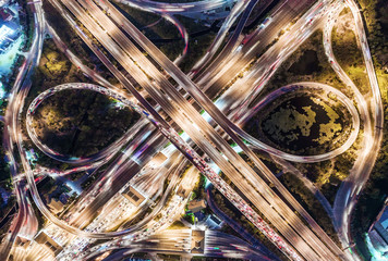 The light on the road  roundabout at night and the city in Bangkok, Thailand. Aerial view, Top...