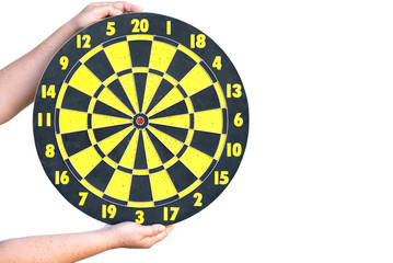 business Success concept : hands holding dartboard isolate on white background with copy space.
