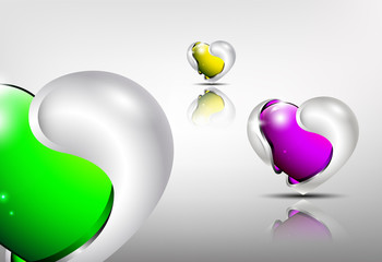 3d logo glossy hearts with silver framing outside in green, violet and yellow tones.