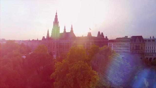 Rathaus of Vienna aerial shot, beautiful City Council building in Austria capital, mayor seat, government historical place, world tourist attraction fly over, Europe sight seeing place shot from air 