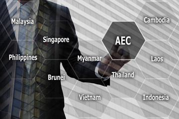 Double exposure Businessman hand touching virtual panel of AEC (Asean Economics Community) , Business concept