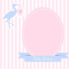 Simple baby shower invitation with a stork. Striped background. Pink and violet colors. - 139114817