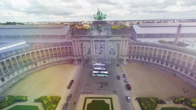 Brussels city park from above, Belgium capital famous monument with horses aerial, European city air shot with tourist buses, travel sight seeing place, arches and columns, historical architecture
