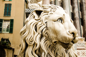 detail of saint lawrence cathedral's in genoa italy: sculpture of a lion face