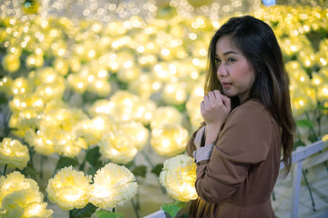 Portrait of lonely asian woman, outdoor in night