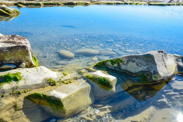 Beautiful landscape, seascape, amazing nature background with rocks and blue water.