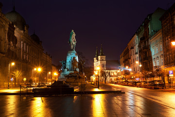 Grunwald Monument on Jana Matejki Square at night, Krakow