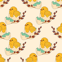 Chickens in the egg shell and a sprig of willow. Easter illustration.