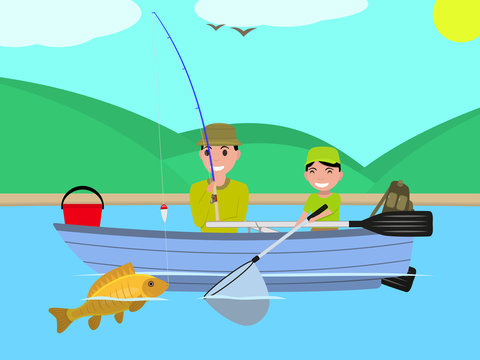 Vector cartoon father son together fishing boat