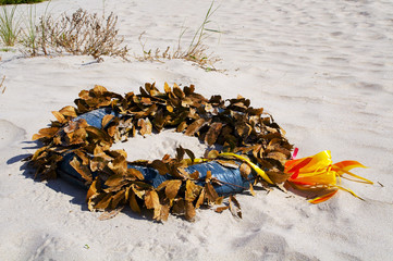 Corona de flores en playa de la Costa de la Muerte