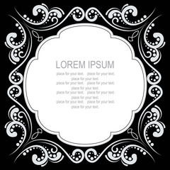 Decorative square frame with tracery. Ornamental black  background for greeting card.