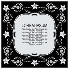 Decorative square frame with tracery. Ornamental black  background for greeting card.