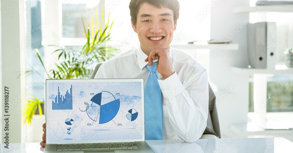 Poster businessman with laptop displaying graph charts on screen