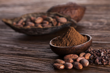 Aromatic cocoa, powder and food dessert background