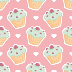 Tile vector pattern with cupcake and white hearts on pink background
